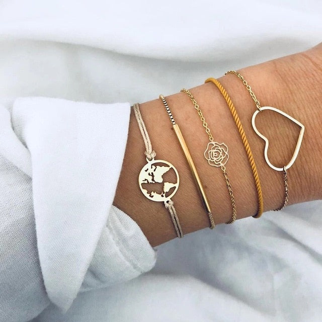 Fashion Women Bracelet Set Bohemia Jewelry Vintage Boho Turtle Map Charm Bracelets & Bangles For Girl Bead Chain Accessories